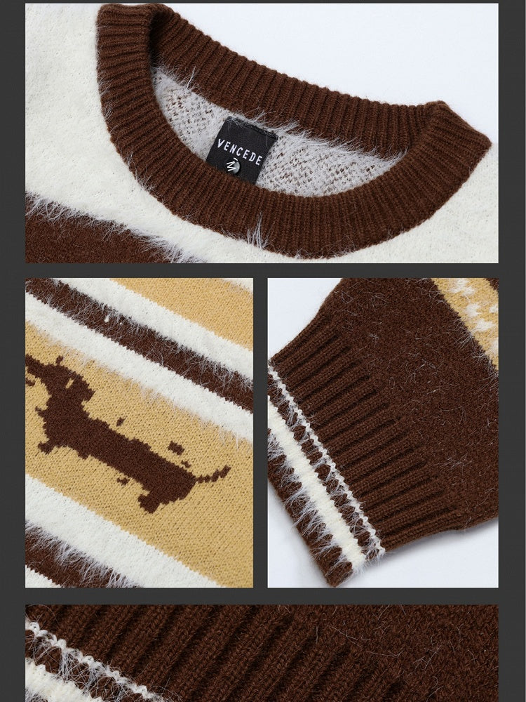 Camel and Brown Cute Dachshundsand Bones Round Neck Striped Sweater