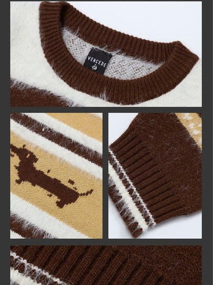 Camel and Brown Cute Dachshundsand Bones Round Neck Striped Sweater