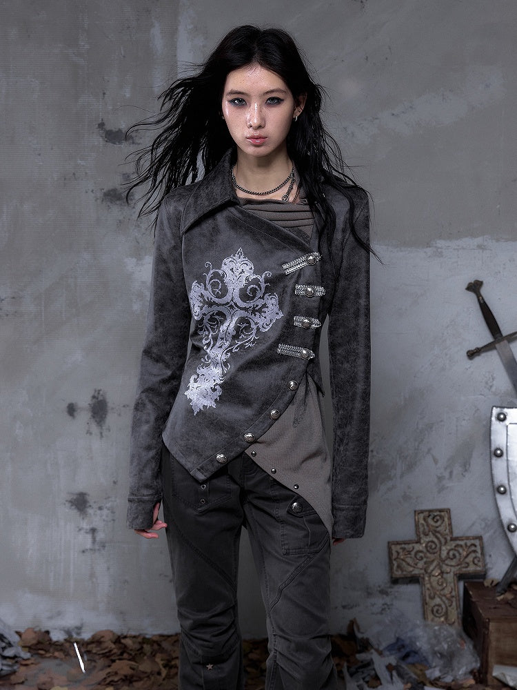 Gray-Brown Vintage with Jacket Cross Dark Punk Street Print Placket Asymmetrical Button