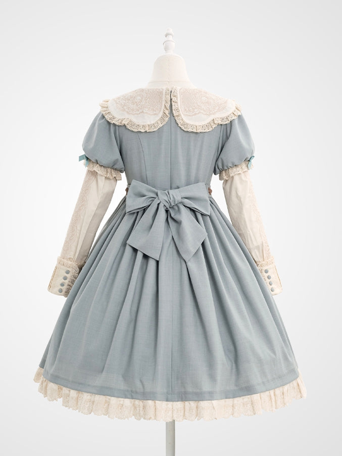 Bear Lace Trim Dresswith Teddy Embroidered Sleeves Puff Blue Neckline Lolita Sweet Mint