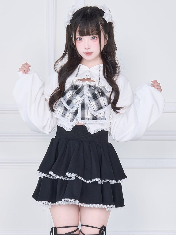 Bow White Tank Cropped Hoodie with Kei Open-Bust Two-Piece Set: Oversized Jirai Plaid