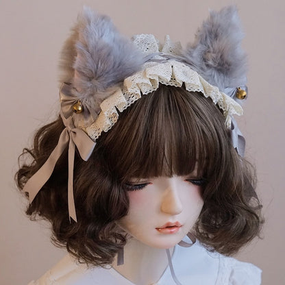 耳飾りヘアバンド レース フォックス 蝶結び グレーのディテール ベル装飾