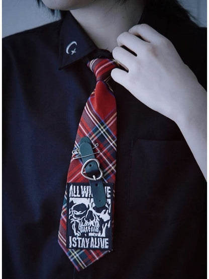 Punk Plaid Necktie with Heart Embellishments