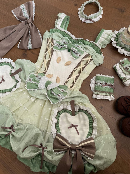 Stäbchenrock, Pullover, Bubble-Mieder, Korsett, Lolita-Applikation, Apfel, süßes Grün