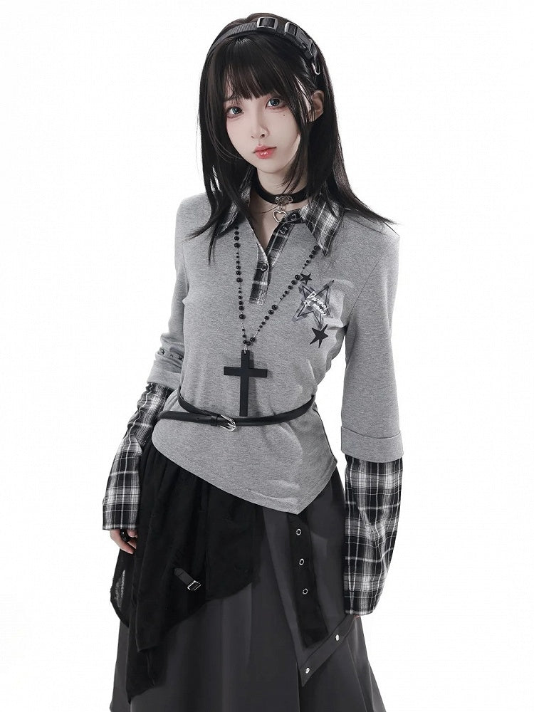 Collar Shirt Preppy Top Gray with Taste