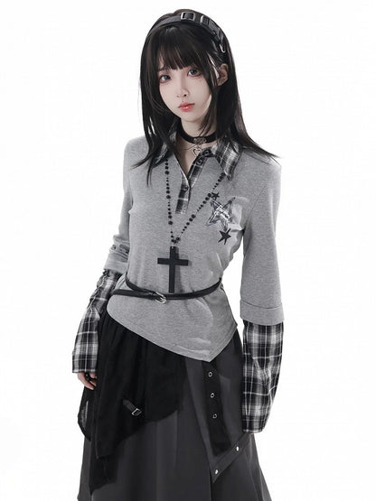 Collar Shirt Preppy Top Gray with Taste