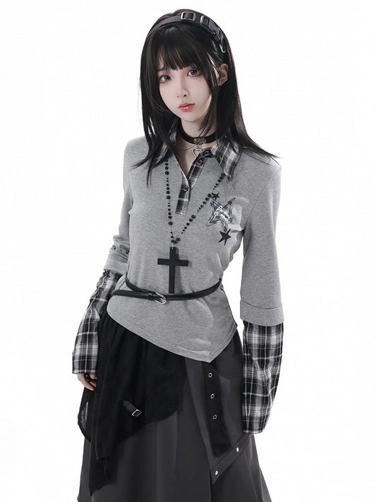 Collar Shirt Preppy Top Gray with Taste