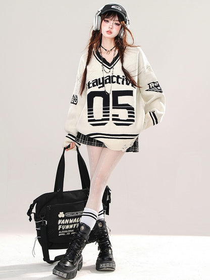 ホワイトナンバーズ プレッピースタイル Vネック ルーズセーター