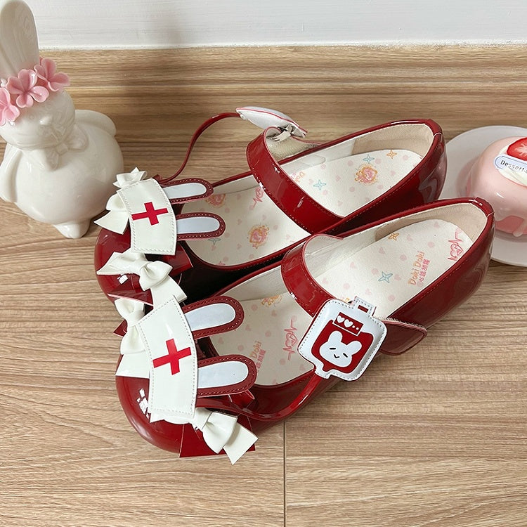 Red Sweet Lolita Low-heel Mary Janes with Bunny Ear Nurse Cap Accent & Bows Decor
