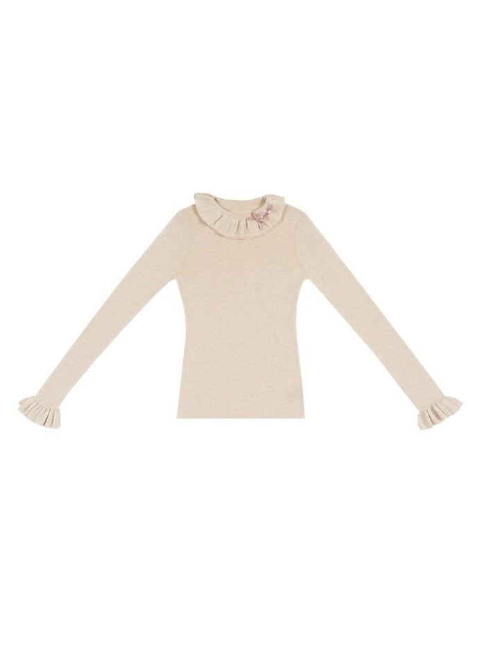 Beige Knit Shirt with Ruffle Collar, Long Sleeves & Pink Bow Detail - Yimu Walnut