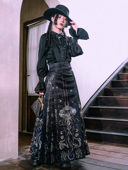 Luxury Silver Thread Brocade Mamian Skirt Featuring Blue Tears Jellyfish Marine Motif - Quirky Hut