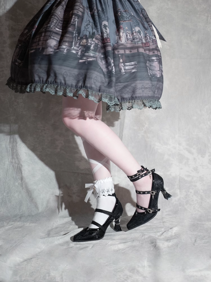 Gothic Black Pointed Toe  Lace 8.5cm High Heels Multiple Buckle Straps