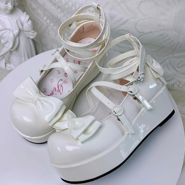 White Bow Buckle Straps Round Toe Platform Lolita Shoes - XIN MENG