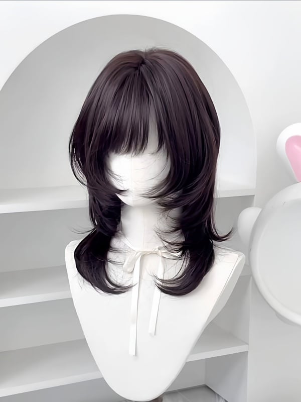 Tea Wig Black with Bangs Short Cut 45CM Hime Wavy