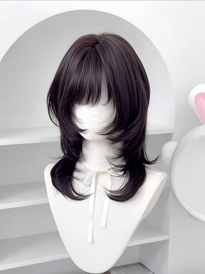 Tea Wig Black with Bangs Short Cut 45CM Hime Wavy