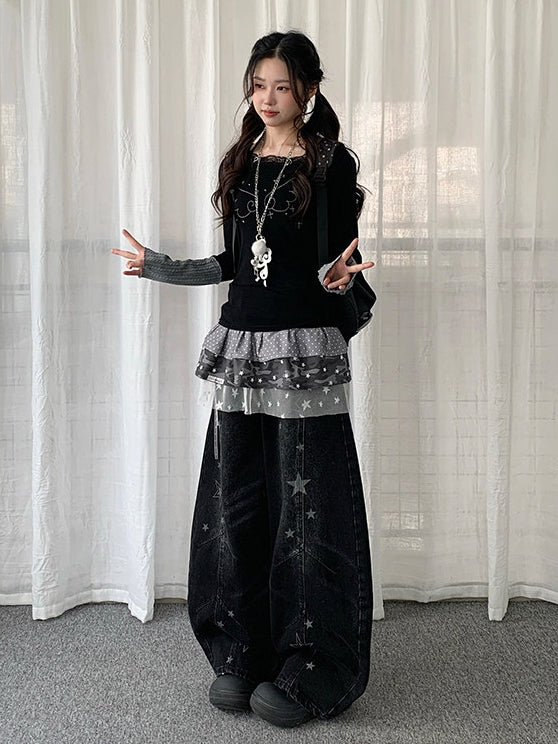 Pattern Jeans Star Wide-leg Distressed with Y2K Design Black