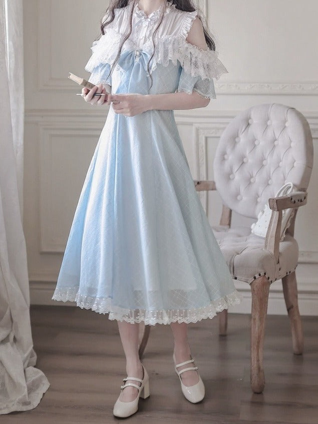 Blue Off-Shoulder Short Sleeve Chiffon Dress with Bow and Lace - Walnut JK