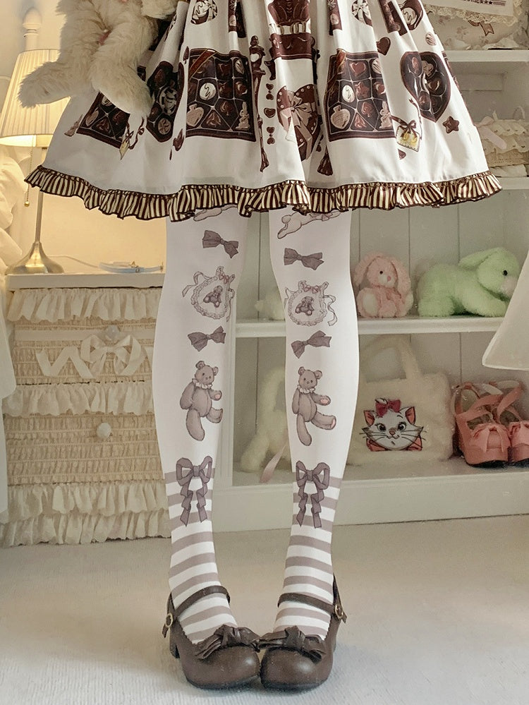 ブラウン/ピンクのウサギとクマのストライプ柄のスイートロリータタイツ