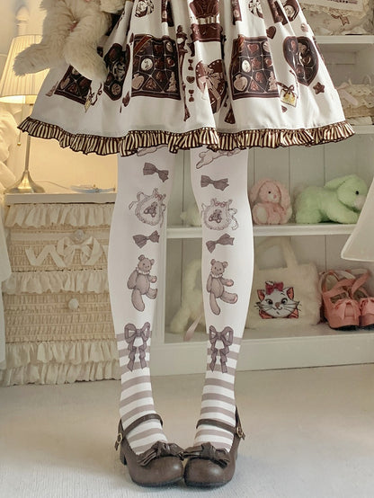 ブラウン/ピンクのウサギとクマのストライプ柄のスイートロリータタイツ