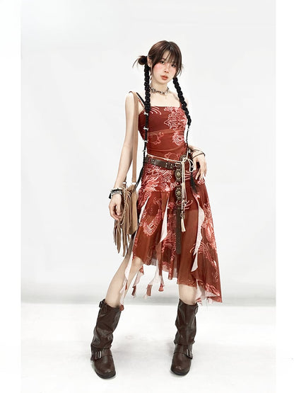 Wine Red Asymmetrical Hem Dragon Print Glamorous Spaghetti Strap Dress