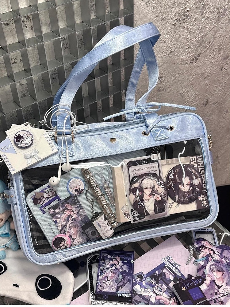 Kawaii Light Blue Satin Ita Bag with Lace-up Bowknot and Heart Buckle - Morning Glory
