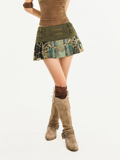 Built-in Shorts Y2K with Denim Skirt Suede Green Patchwork A-Line