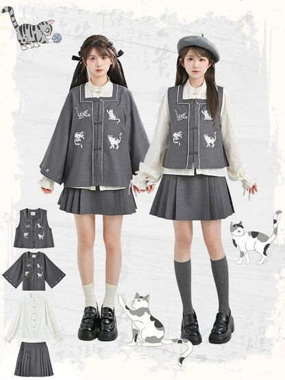 グレーのチャイナドレス風スクエアネックラインの猫刺繍ノットボタンベスト