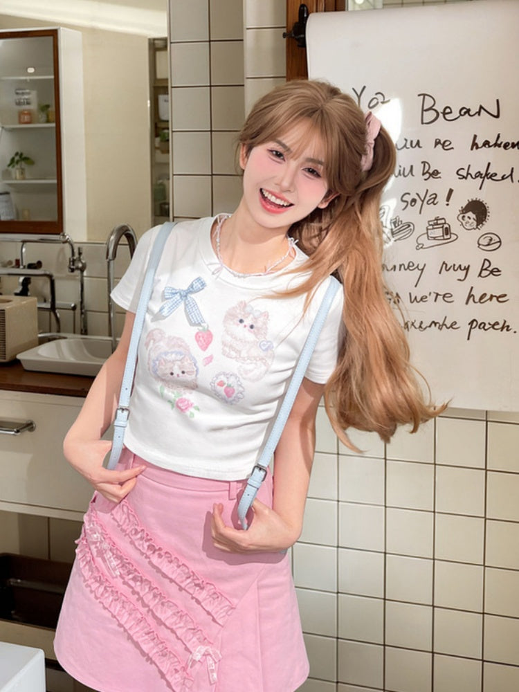 Long/Short Version Adorable Kitty Print Creamy White Round Neck T-Shirt