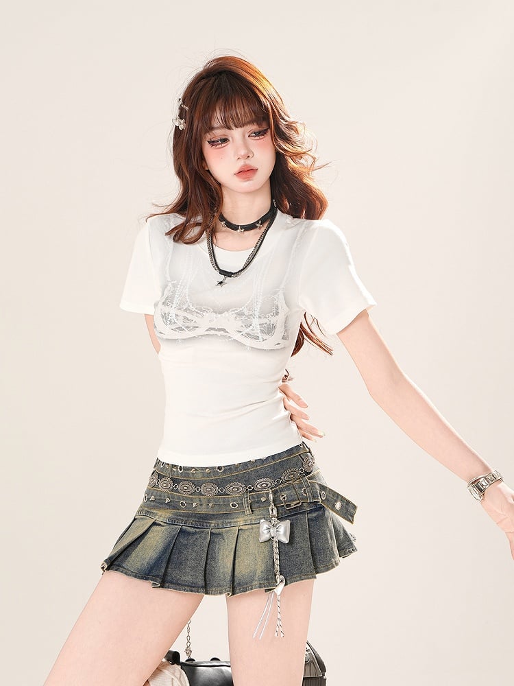 ブラック/ホワイト スリムフィットTシャツ ラウンドネック キャミソール プリント