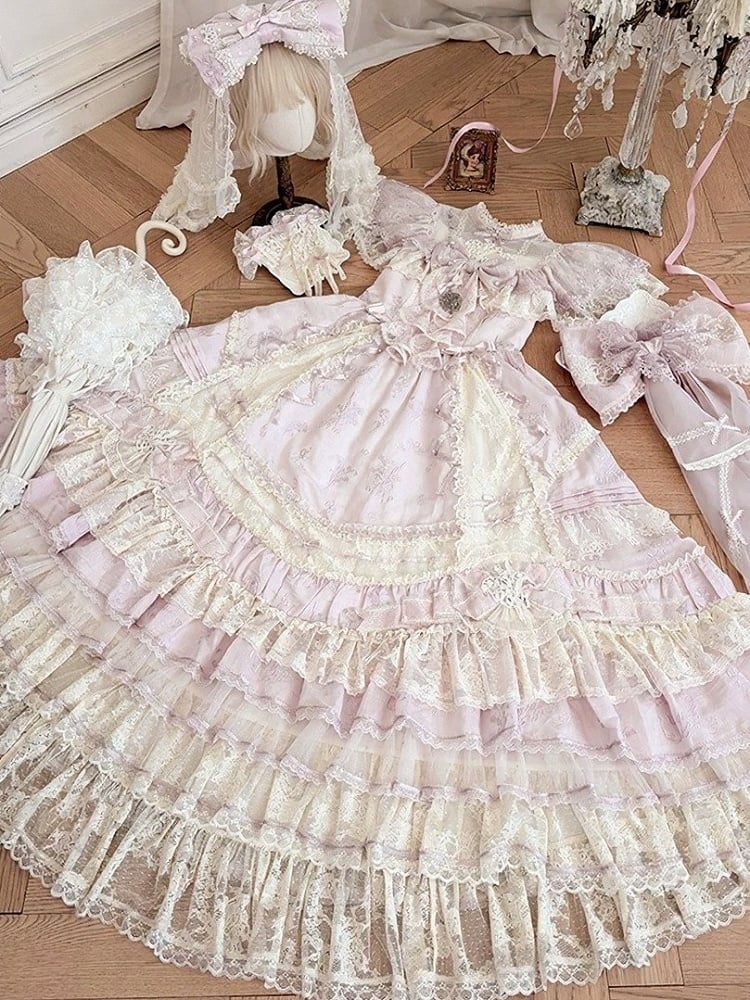 Refined Pink Lace-Trim Floral Embroidered Lolita Dress with Bow Train - Mademoiselle Pearl