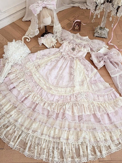 Refined Pink Lace-Trim Floral Embroidered Lolita Dress with Bow Train - Mademoiselle Pearl