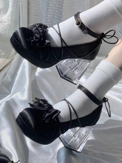 - PU Mary Floral Janes Black Block Accent in Bow Heel High Leather