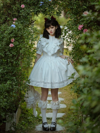 Short-Sleeve Vintage White OP Dress with Lace Details