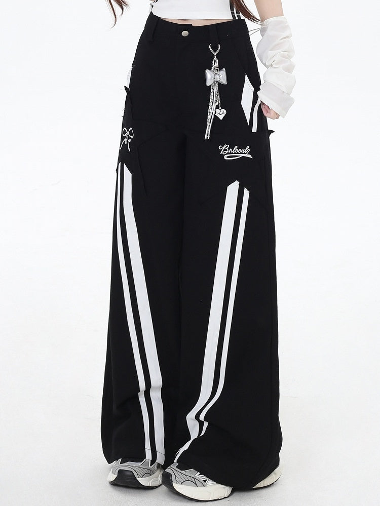 ブラックハイウエストホワイトストライプストレートレッグカットパンツ