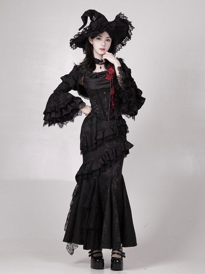 Schwarzer eleganter Gothic Lolita Meerjungfrauenrock mit Volantbesatz