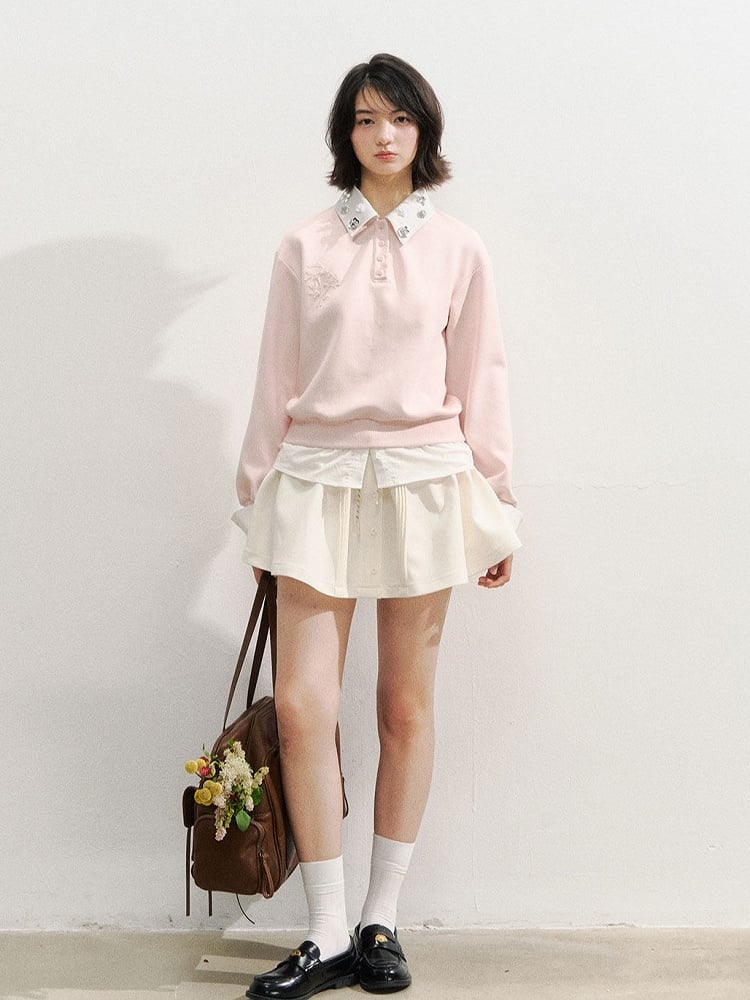 with Pink and Two-piece Faux Kawaii Embroidery Accents Rose Rhinestone Shirt