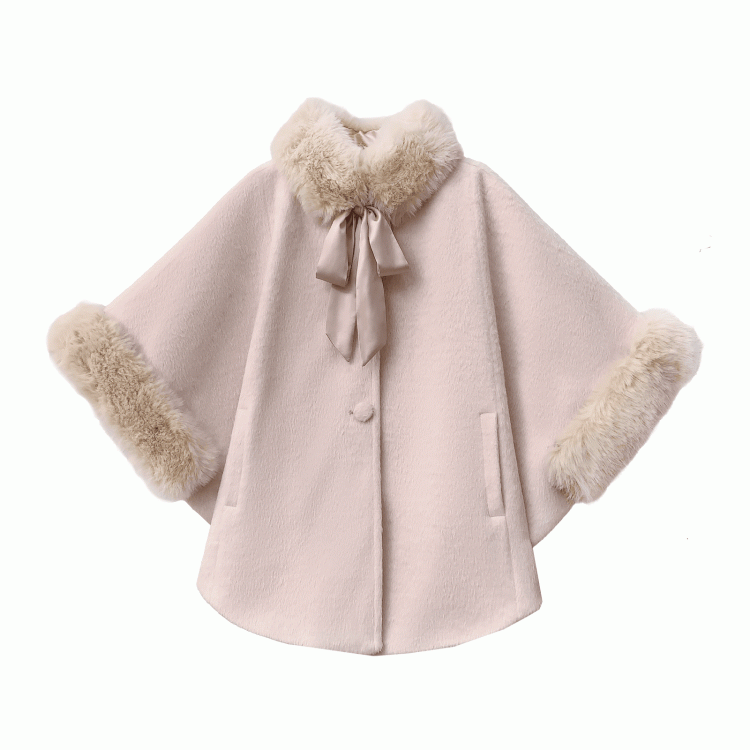Self-tie Pink Wool Cape Coat with Detachable Shaggy Collar Sweet