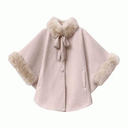 Self-tie Pink Wool Cape Coat with Detachable Shaggy Collar Sweet