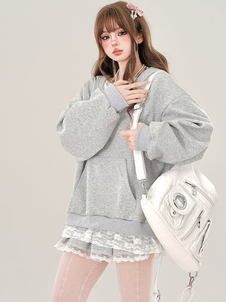 Grey/White Lace Trim V-neck Loose Hoodie Fake Two-piece