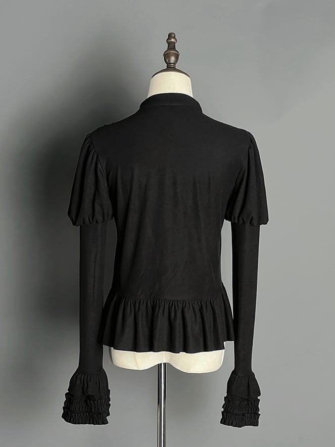 Oberteil mit langen Juliette-Ärmeln und Volantsaum in Schwarz