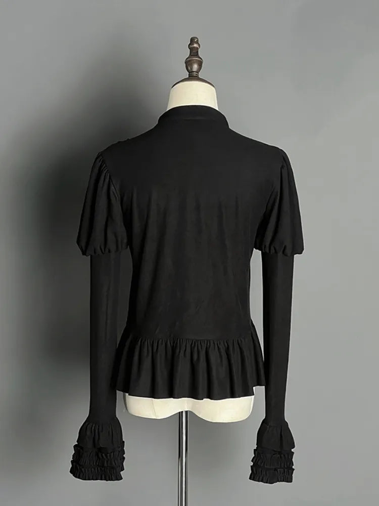 ブラック ジュリエットスリーブ フラウンスヘムライン ロングスリーブ トップス