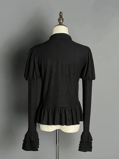 ブラック ジュリエットスリーブ フラウンスヘムライン ロングスリーブ トップス