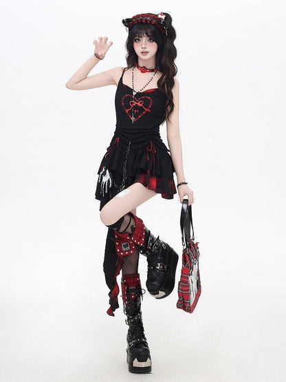 Cami Kleid Rock Rot und Schwarz Plaid Kordelzug Taille Taschentuch Saum Stufen