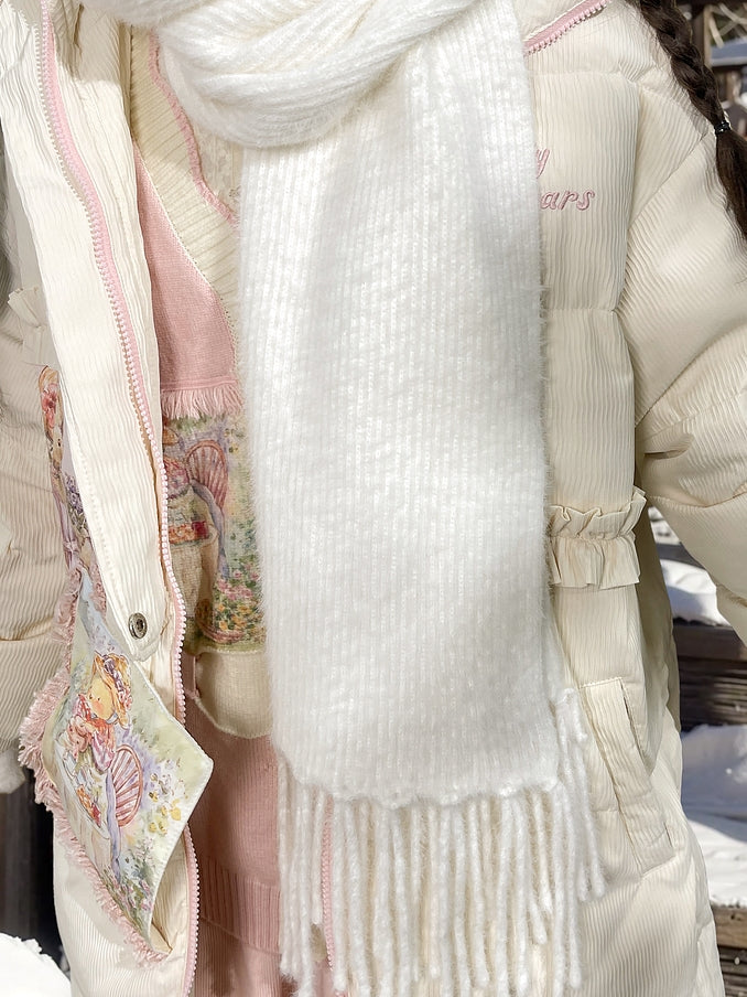 White Fringe Hem Knit Scarf