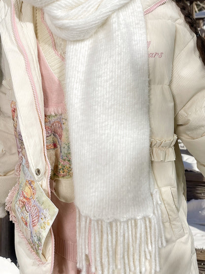 White Fringe Hem Knit Scarf