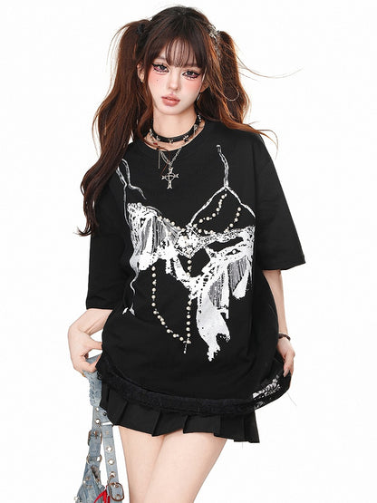 アプリコット/ブラック ブラグラフィックTシャツ（ビーズ装飾付き）