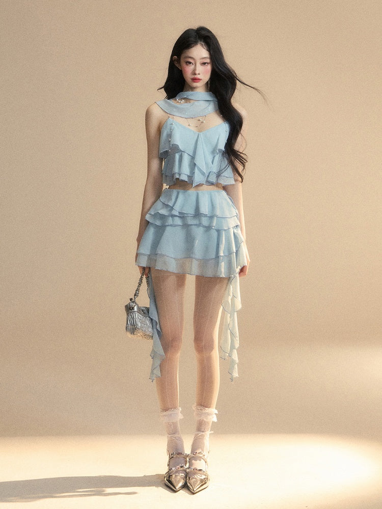 Blue Chiffon Tiered Skirt Mini Asymmetrical Ruffled Hem Slim-fitting