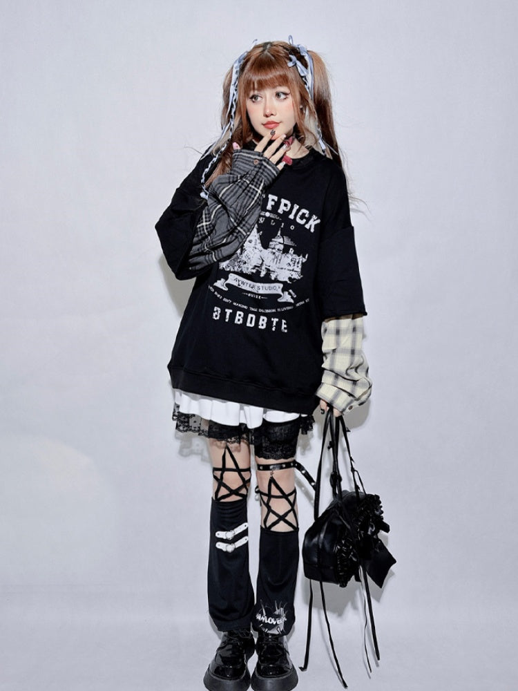 Black Plaid Round Neck Letter Layered-Look Sweatshirt
