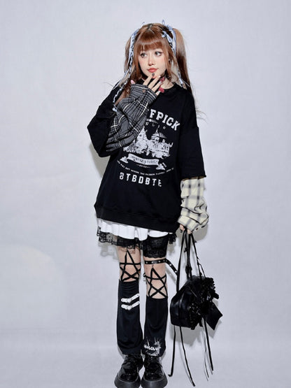 Schwarzes kariertes zweiteiliges Sweatshirt mit Rundhalsausschnitt und Buchstaben