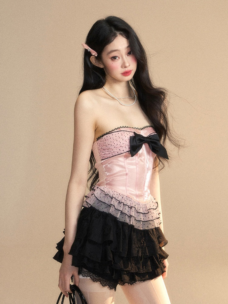 ストラップレストップパターン ピンク レイヤード レース メッシュ ビッグリボン フリル 水玉模様